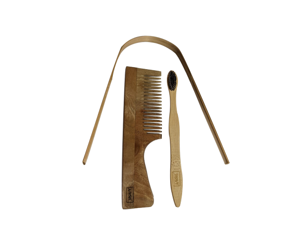 Jasavy Neem Wood Handle Combs, Bamboo Toothbrush With Charcoal Bristles, and Tongue Scraper
