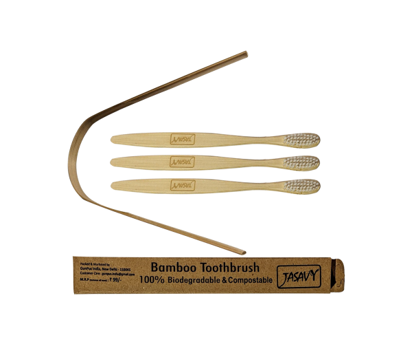Combo Pack of 3 Bamboo Toothbrush With White Bristles and 3 Tongue Scraper