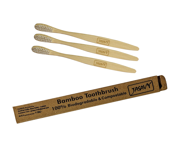 Bamboo Toothbrush With White Bristle Pack of 3