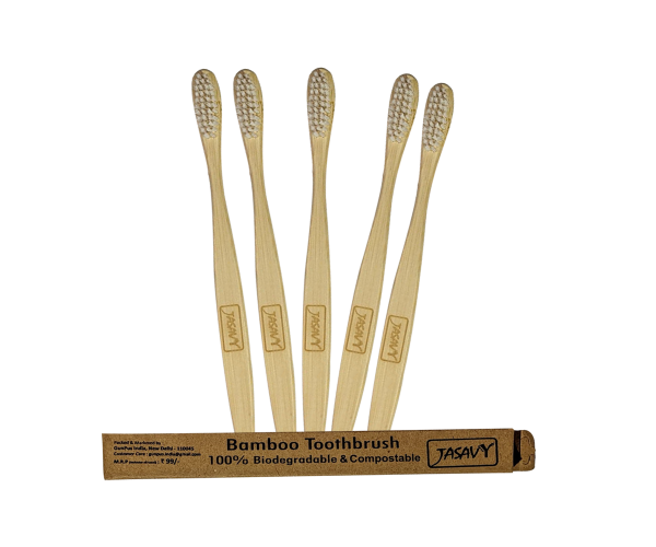 Bamboo Toothbrush With White Bristle Pack of 5