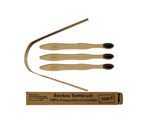 Combo Pack of 3 Bamboo Toothbrush with Charcoal Bristles and 3 Tongue Scraper