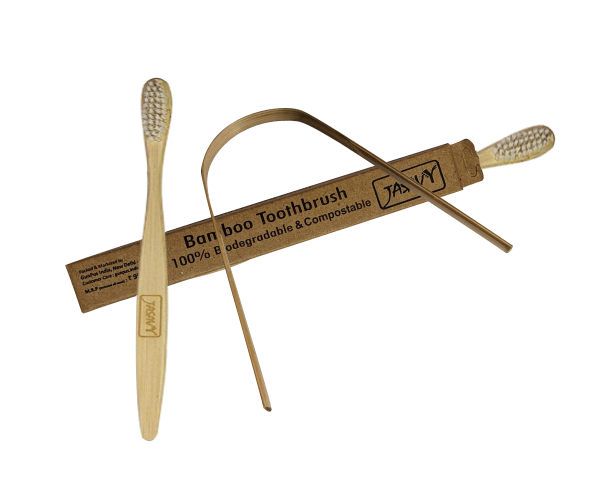 Combo Pack of Jasavy Bamboo Tongue Scraper and Bamboo Toothbrush with White Bristle
